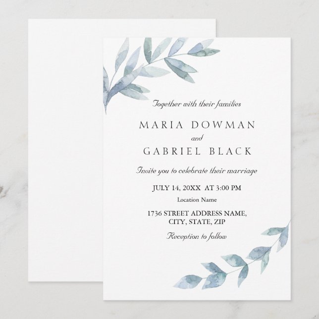 Convites Casamento botânico de folha de cor aquática elegan (Frente/Verso)