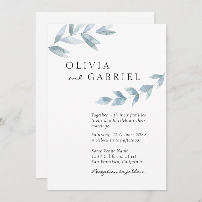 Convites Casamento botânico de folhagem de coloração aquosa (Frente/Verso)