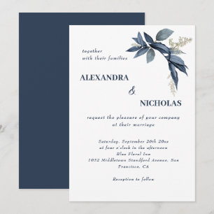 Convites Casamento Botânico de Folhas Marinhos Elegantes