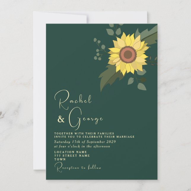 Convites Casamento Botânico de Girassol Esmeralda Verde (Frente)