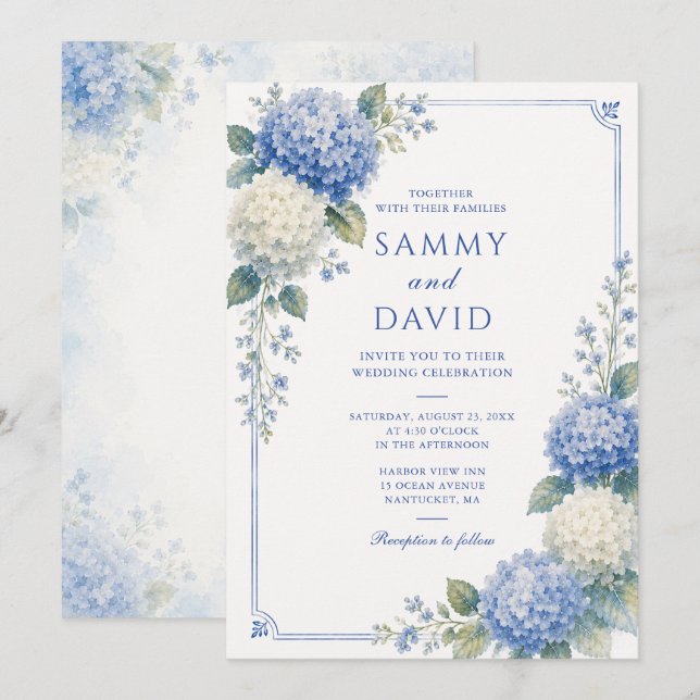 Convites Casamento Botânico de Hortênsia Azul (Frente/Verso)