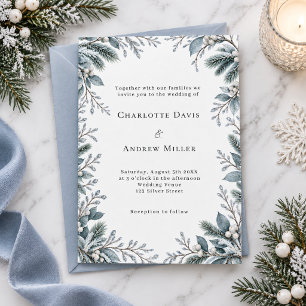 Convites Casamento Botânico de Inverno Azul Gélido
