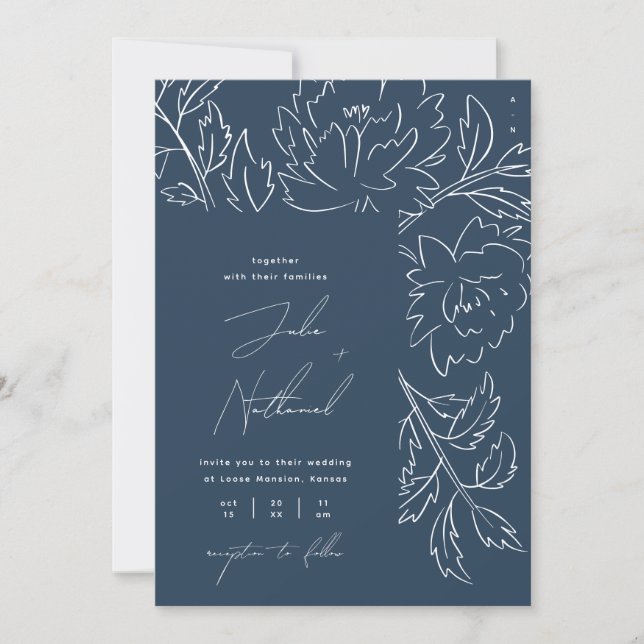 Convites Casamento Botânico de Inverno em Azul Marinho (Frente)
