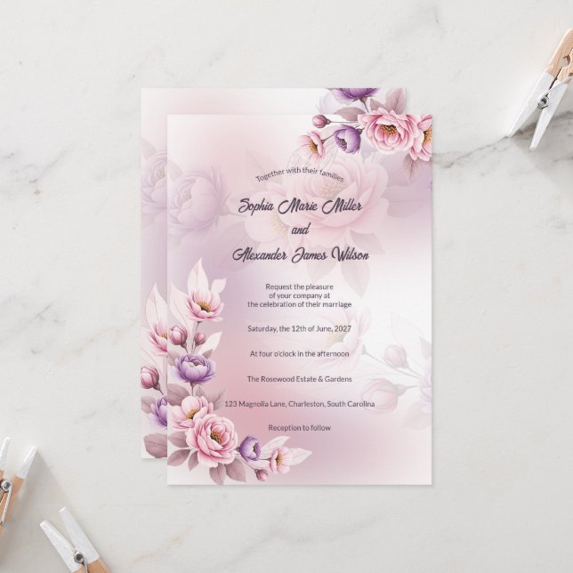 Convites Casamento Botânico de Íris Roxo Pálido e Peônia Br (Frente/Verso In Situ)