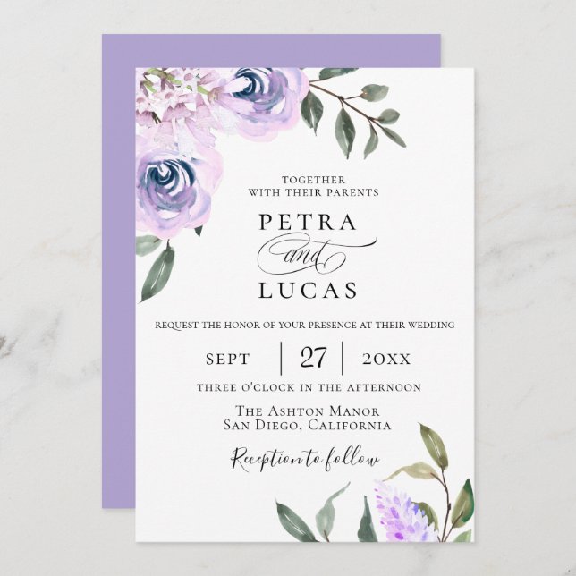 Convites Casamento Botânico de Lavanda Elegante (Frente/Verso)