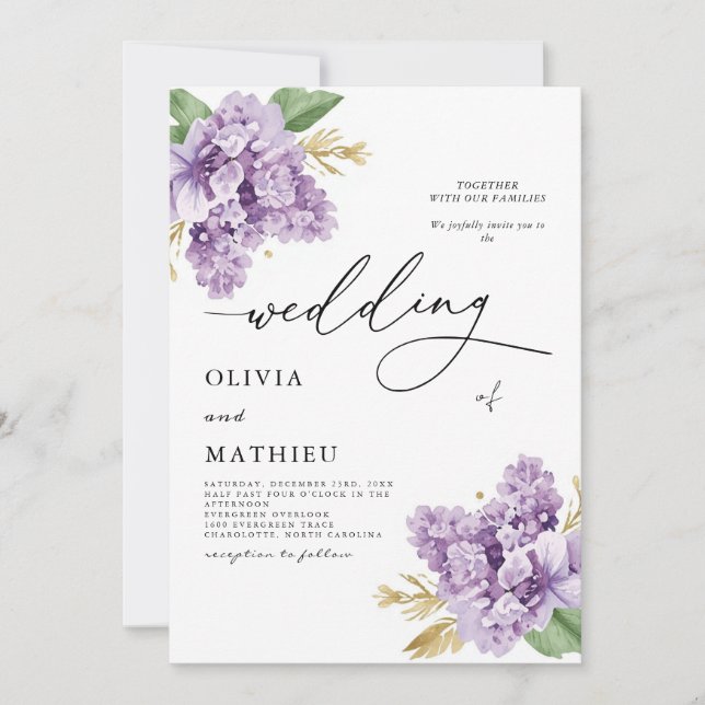 Convites Casamento Botânico de Lavanda Elegante (Frente)