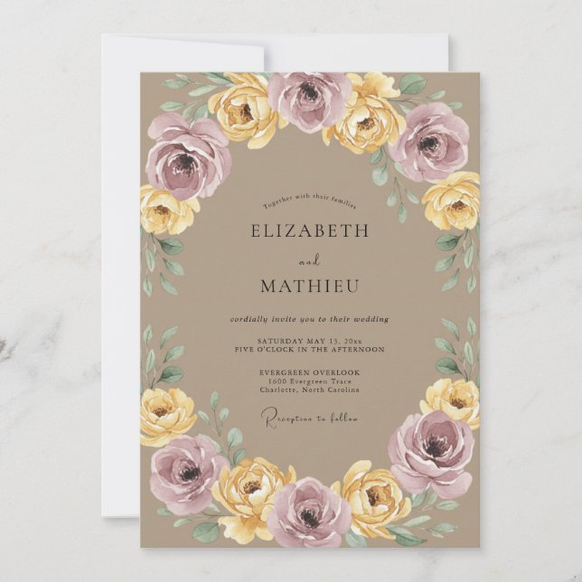 Convites Casamento Botânico de Louro Amarelo Malva (Frente)