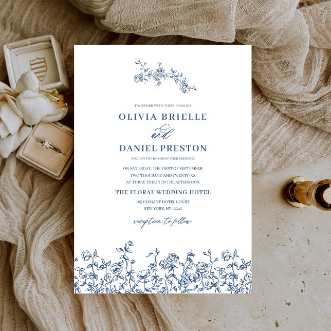 Convites Casamento Botânico de Marinho Floral Azul (Criador carregado)