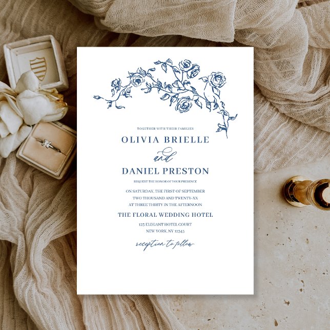 Convites Casamento Botânico de Marinho Floral Azul (Criador carregado)