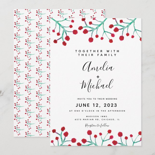 Convites Casamento Botânico de Natal com Mão de Aguarela de (Frente/Verso)