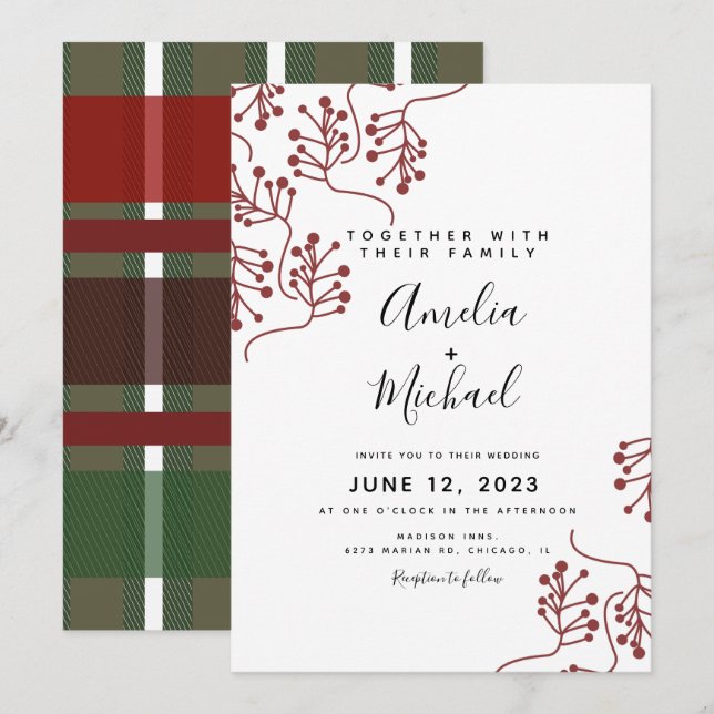 Convites Casamento Botânico de Natal com Plaid e Frutas (Frente/Verso)