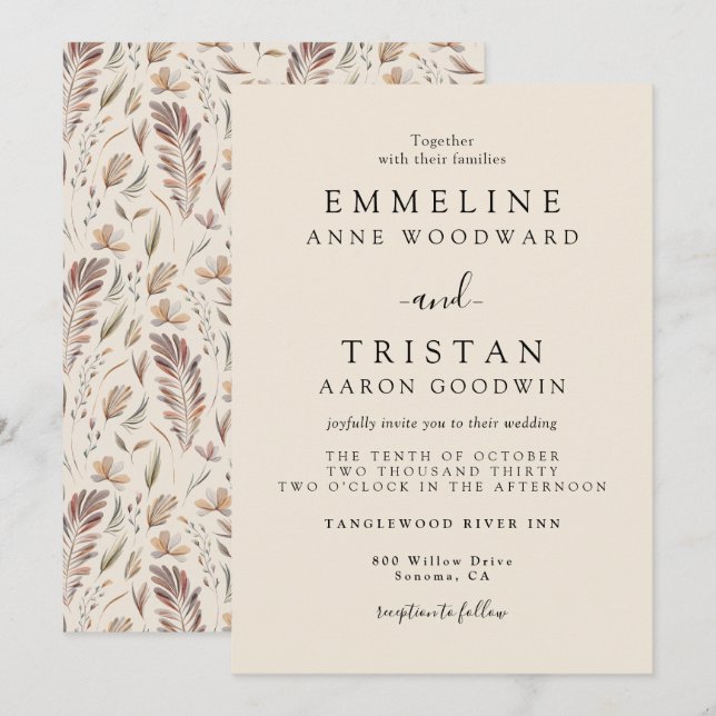 Convites Casamento Botânico de Outono Boho (Frente/Verso)