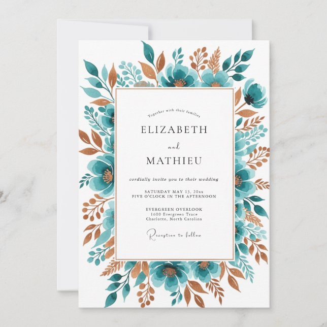 Convites Casamento Botânico de Outono Floral Turquesa (Frente)