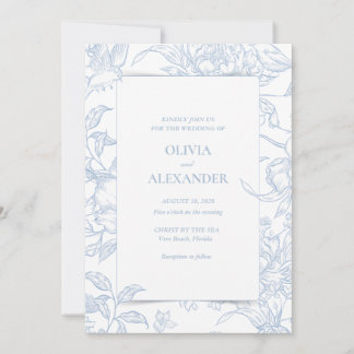 Convites Casamento Botânico de Pássaros Florais Azul Francê