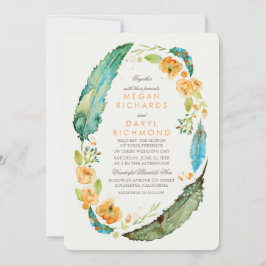 Convites Casamento Botânico de Penas Florais Boêmicas Teais