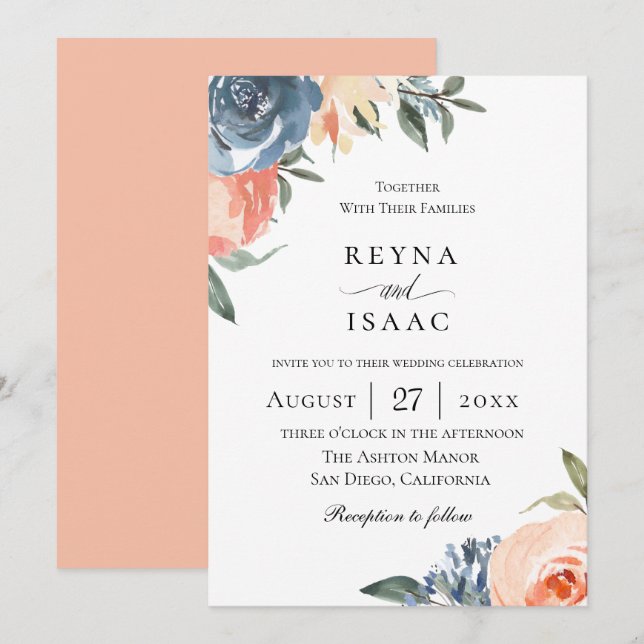 Convites Casamento Botânico De Pêssego Azul De Slate (Frente/Verso)