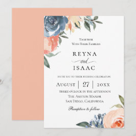 Convites Casamento Botânico De Pêssego Azul De Slate