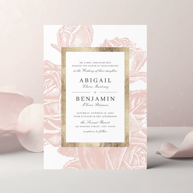 Convites Casamento botânico de rosa de luxo (Luxe rose blush gold vintage botanical wedding invitation)