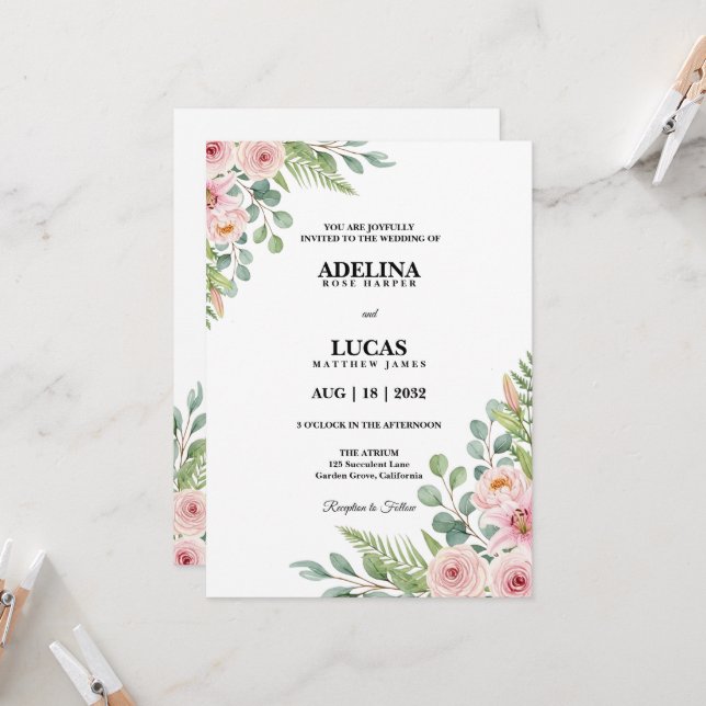 Convites Casamento Botânico de Rosa Romântica e Lírio (Frente/Verso In Situ)