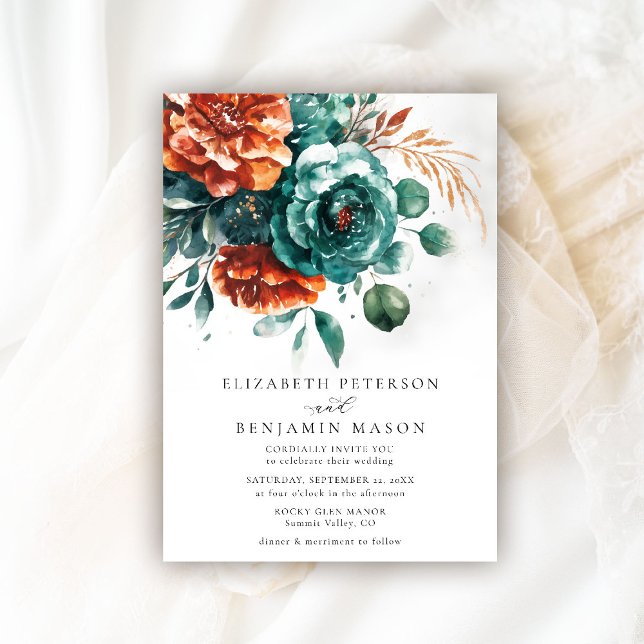 Convites Casamento Botânico de Rosas de Teal Laranja Queima (fall wedding invitation teal burnt orange terracotta watercolor bohemian floral rustic barn garden)