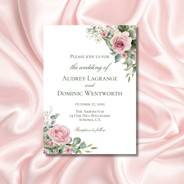Convites Casamento Botânico de Rosas Rosa Flóridas Elegante (elegant floral wedding invitation with pink roses greenery for botanical garden themed weddings)