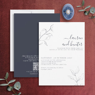 Convites Casamento Botânico de Script Azul com Marinho de C