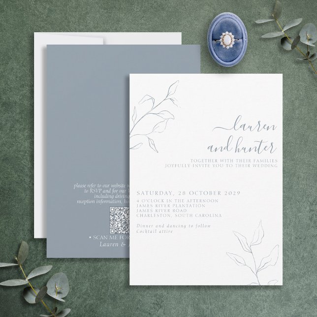 Convites Casamento Botânico de Script Azul Dusty com Código (Criador carregado)