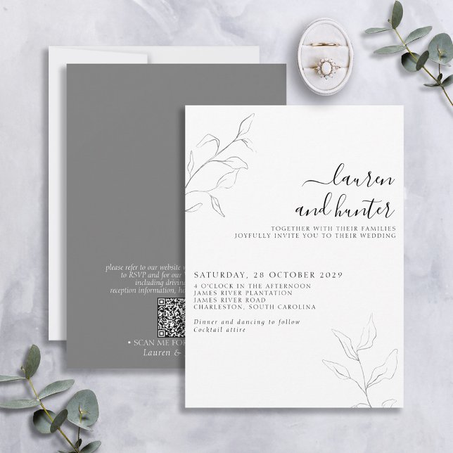 Convites Casamento Botânico de Script Branco de Código QR M (Criador carregado)