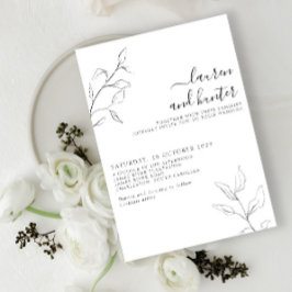 Convites Casamento Botânico de Script Branco Negro Moderno