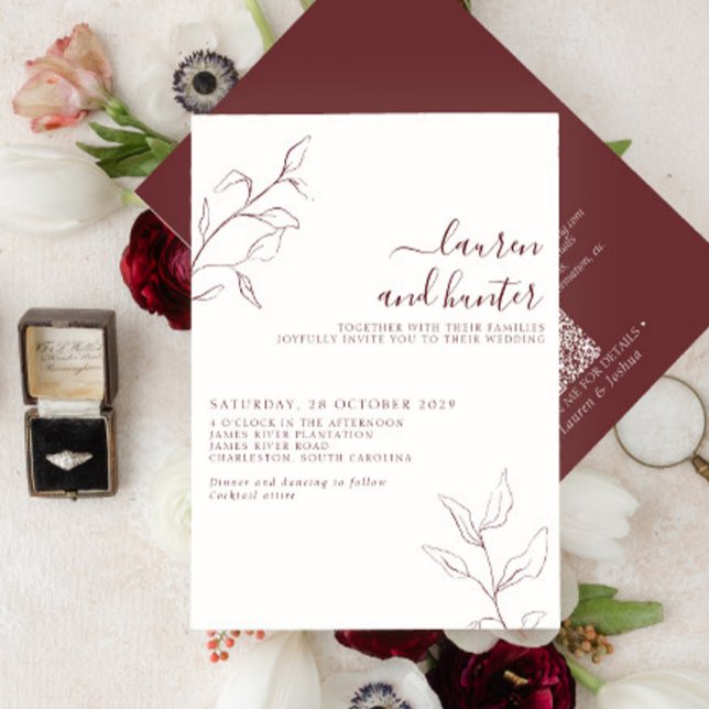 Convites Casamento Botânico de Script Burgundy de Código QR (Criador carregado)
