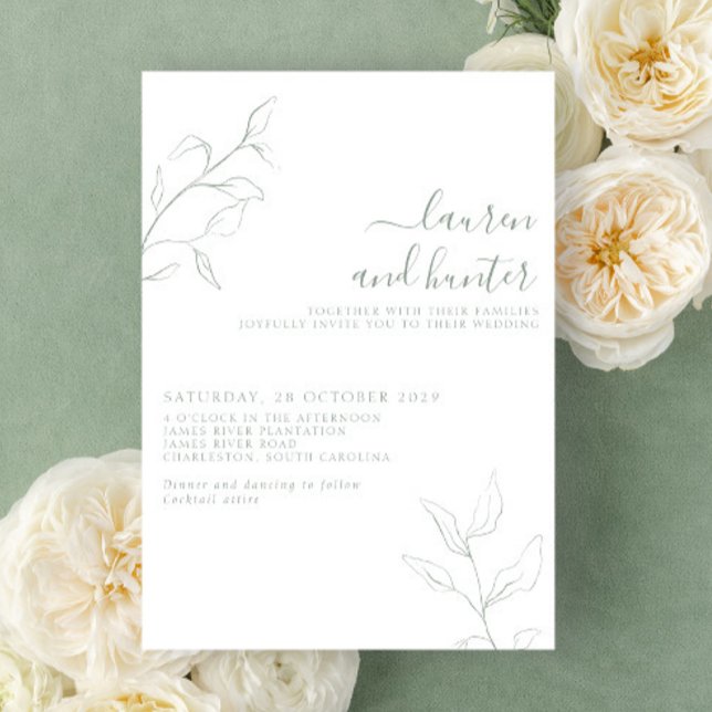 Convites Casamento Botânico de Script Verde Moderno (Criador carregado)