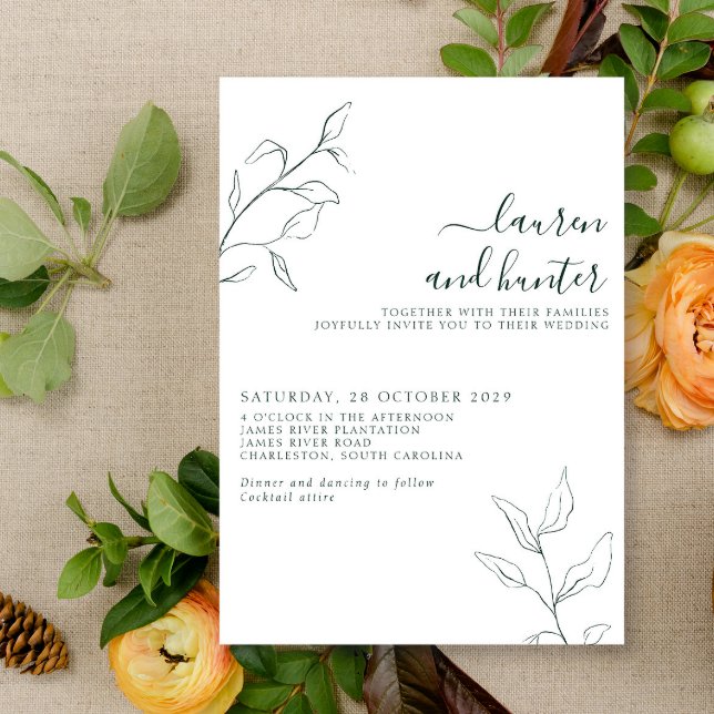 Convites Casamento Botânico de Script Verde Moderno Emerald (Criador carregado)