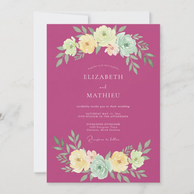 Convites Casamento Botânico de Verão com Fuchsia Gracioso (Frente)