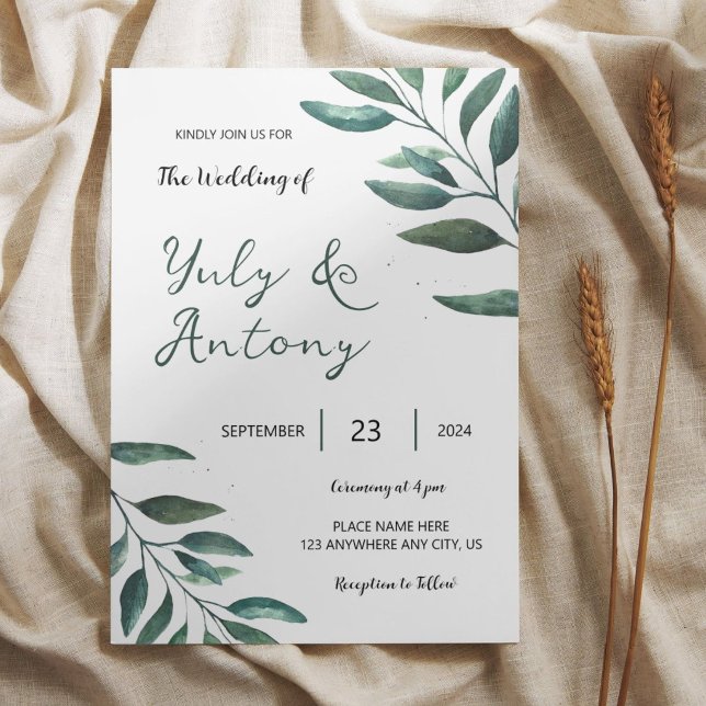 Convites Casamento Botânico de Verde Minimalista Elegante (Minimalist wedding invitation with elegant green leaves and modern botanical design.)