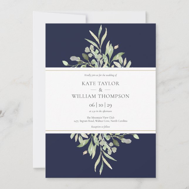 Convites Casamento Botânico de Verde Naval Elegante (Frente)