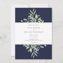 Convites Casamento Botânico de Verde Naval Elegante