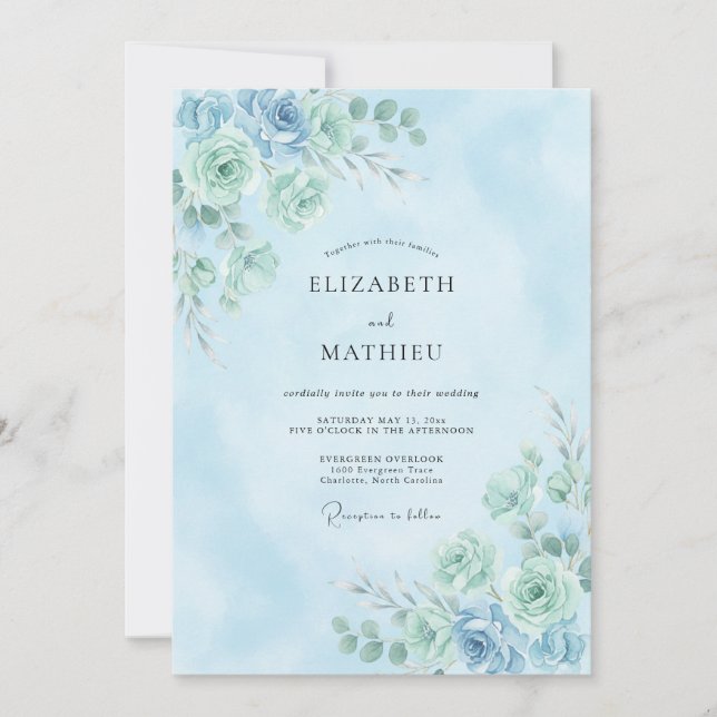 Convites Casamento Botânico Delicado Aquamarine (Frente)