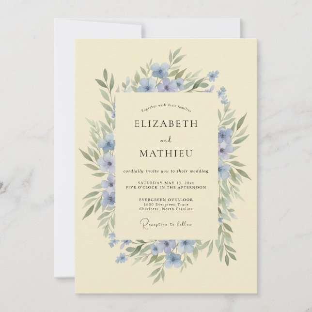 Convites Casamento Botânico Delicado Azul (Frente)