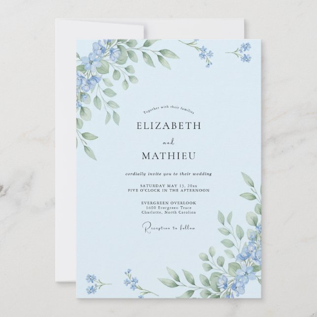 Convites Casamento Botânico Delicado Azul Céu (Frente)