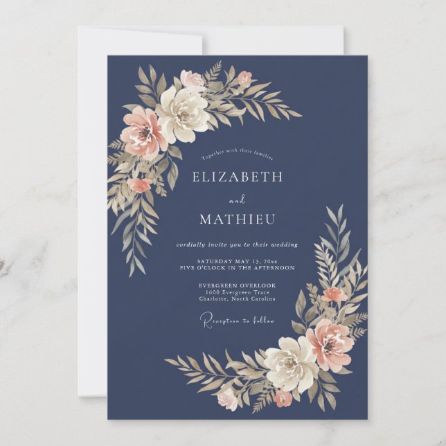 Convites Casamento Botânico Delicado Azul-Marinho (Frente)