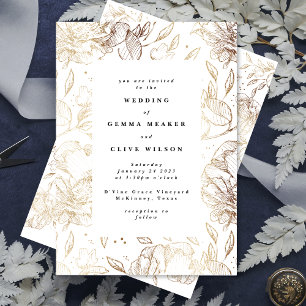 Convites Casamento Botânico Desenhado à Mão Branco Elegante