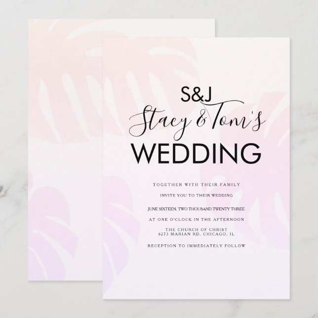 Convites Casamento Botânico Desenhado à Mão Monstera Rosa (Frente/Verso)