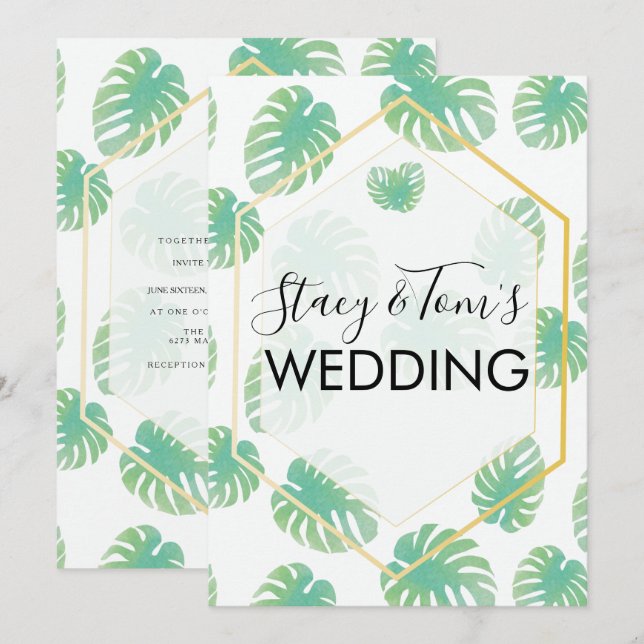 Convites Casamento Botânico Desenhado à Mão Monstera Tropic (Frente/Verso)