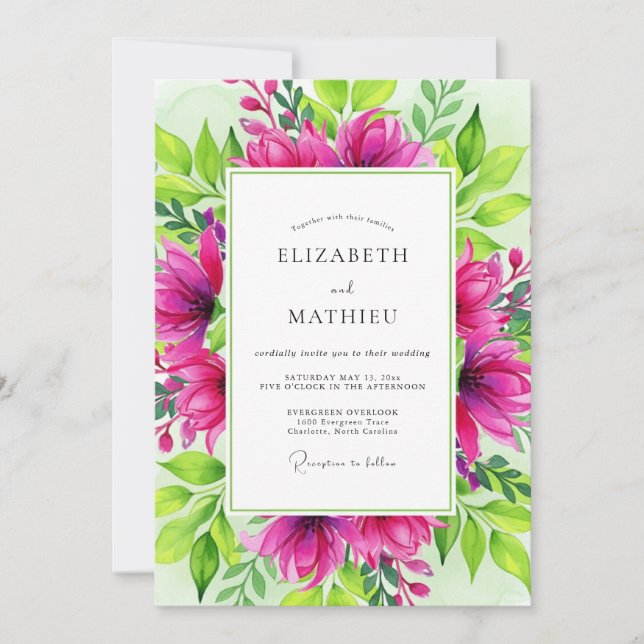 Convites Casamento Botânico Deslumbrante em Fuchsia (Frente)