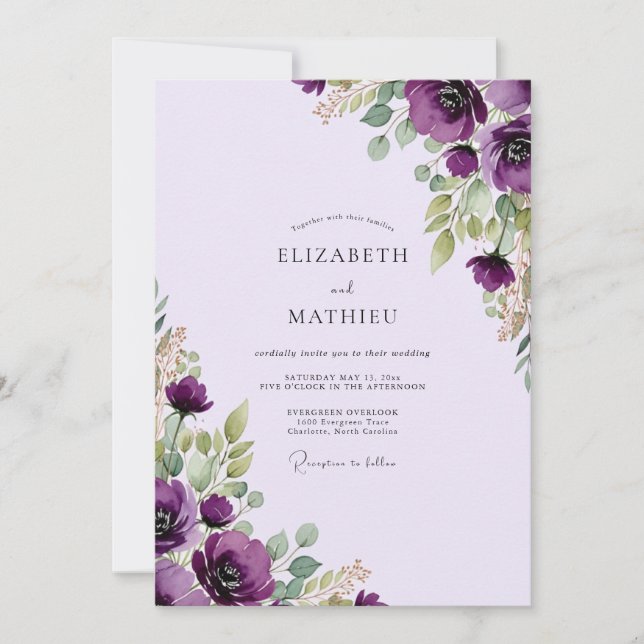 Convites Casamento Botânico Distintivo Roxo (Frente)