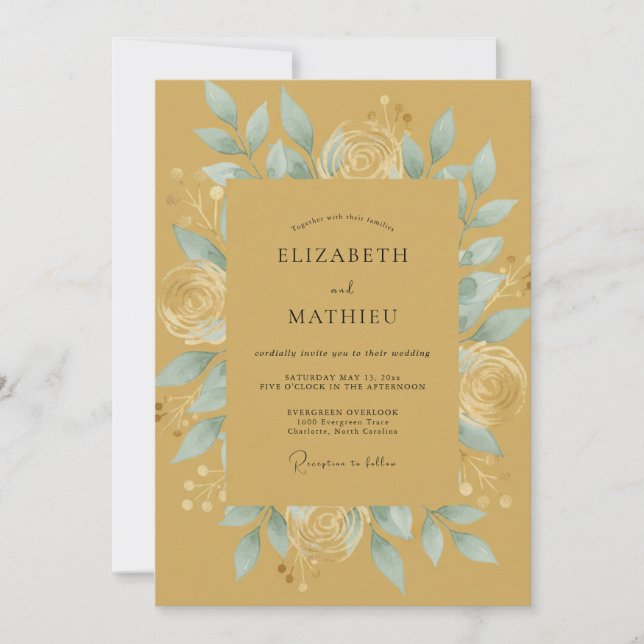 Convites Casamento Botânico Distinto Dourado (Frente)