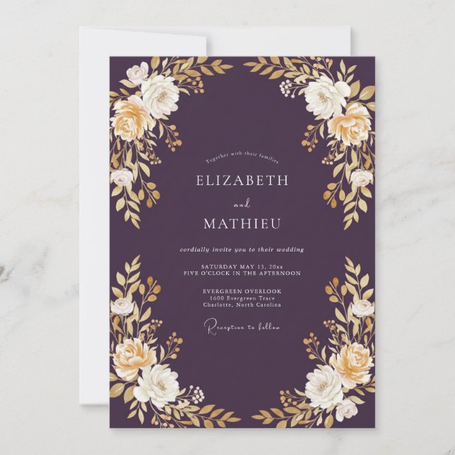 Convites Casamento Botânico Dourado Ameixa (Frente)