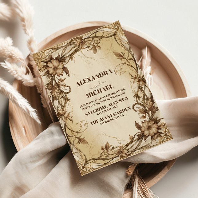 Convites Casamento Botânico Dourado Art Nouveau (Criador carregado)