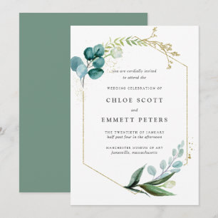 Convites Casamento Botânico Dourado com Azul-Teal Minimalis