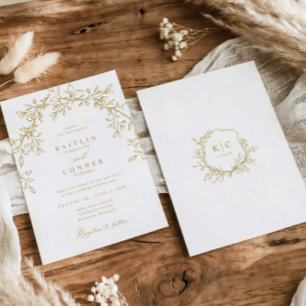 Convites Casamento Botânico Dourado com Brasão Vintage Eleg